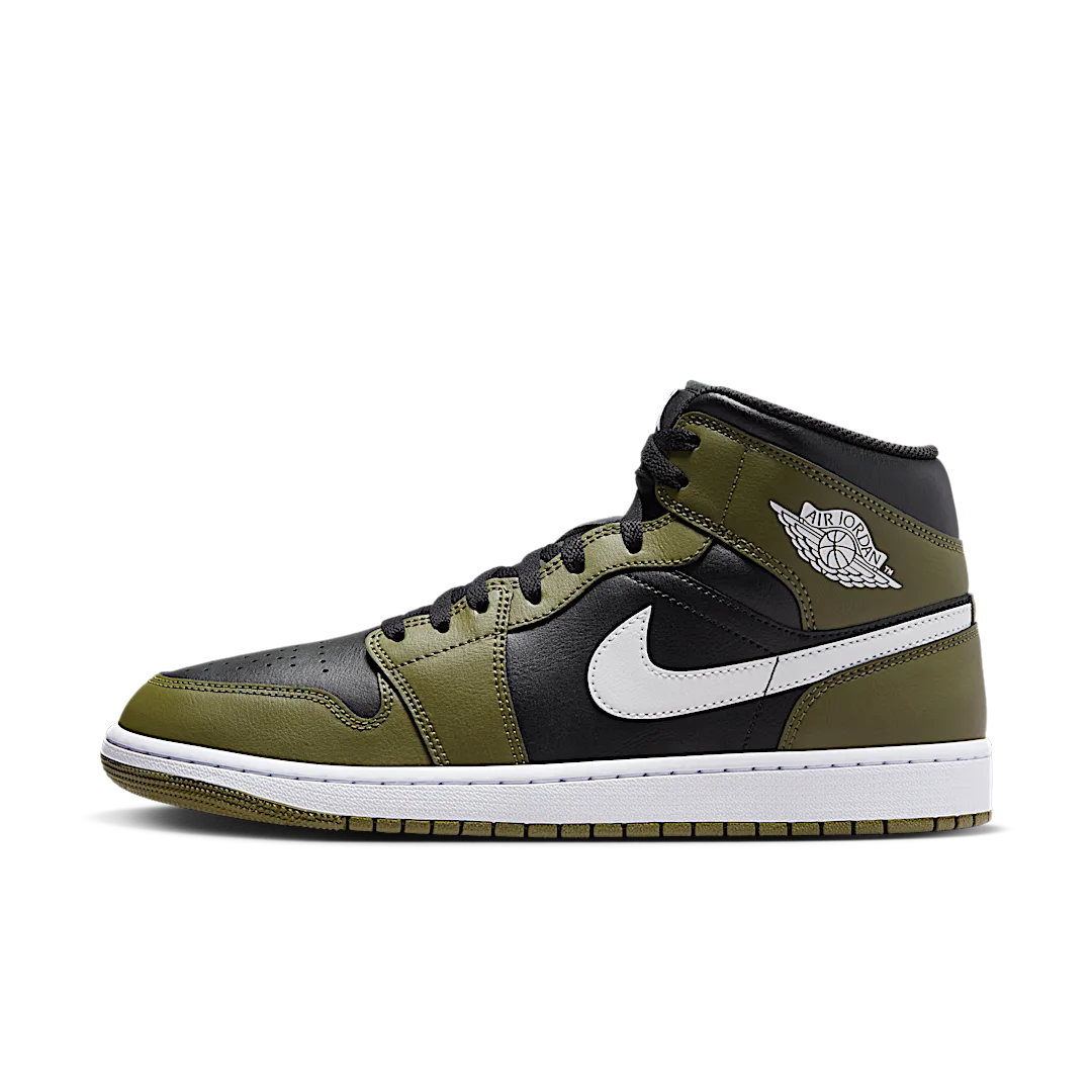 Air Jordan 1 Mid Black White Olive, Black/Medium Olive/Sail/White (DQ8426-092)