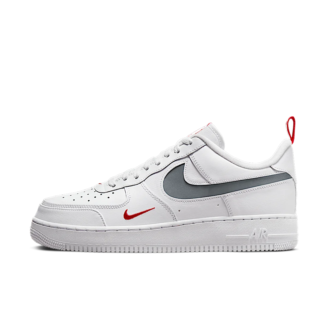 Nike Air Force 1 Low Cut Out Swoosh White University Red Metallic Silver, White/University Red/Reflective Silver (DO6709-100)