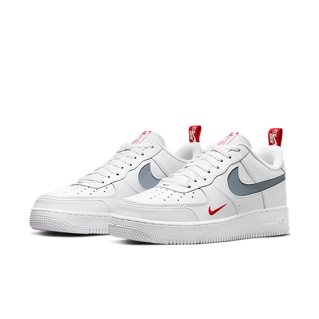 Nike Air Force 1 Low Cut Out Swoosh White University Red Metallic Silver, White/University Red/Reflective Silver (DO6709-100)