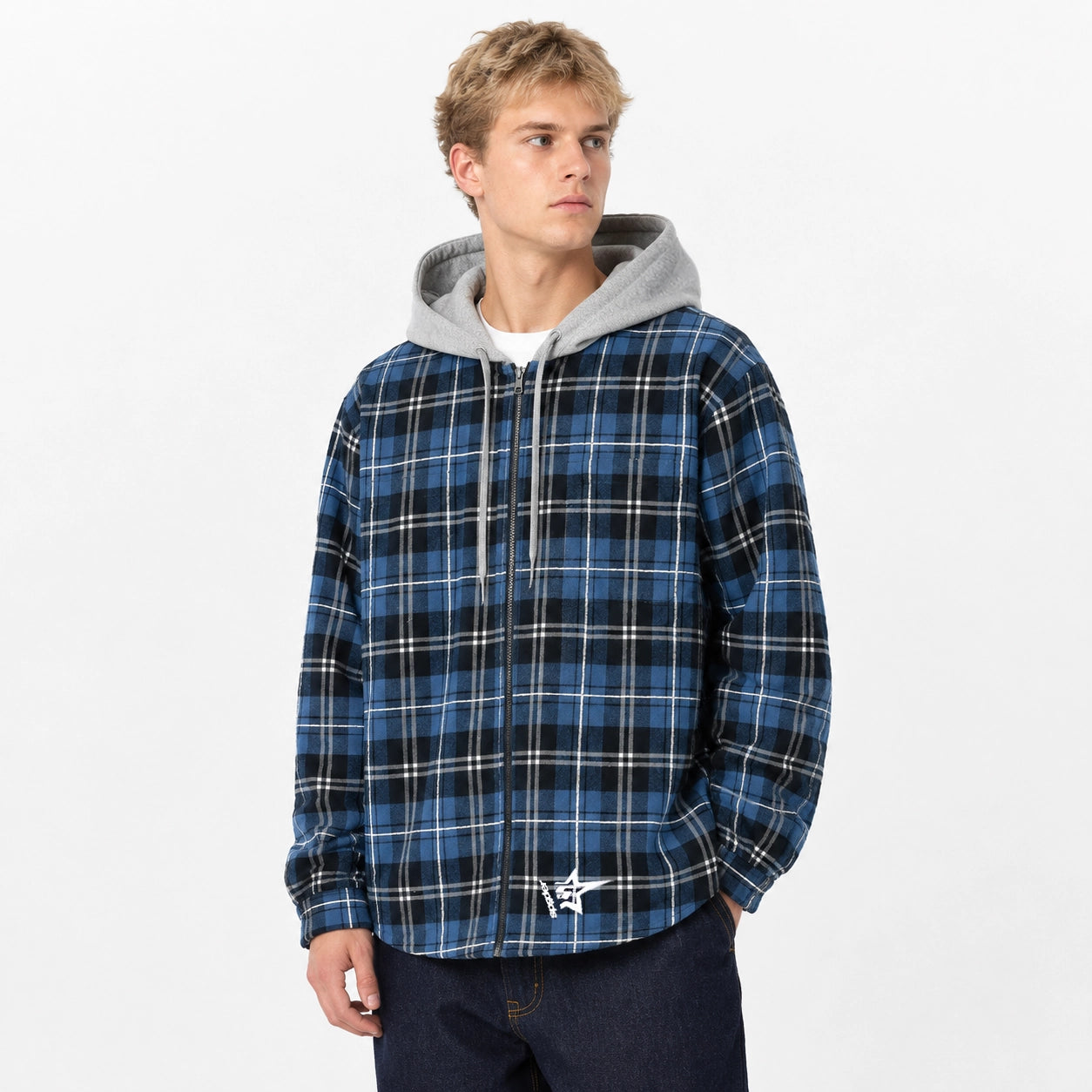 Sp5der Hooded Zip Flannel Shirt Jacket Blue Plaid